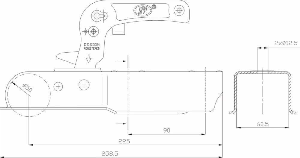 Cupla remorca 750 kg, profil bara patrat, 60,50 mm, SPP